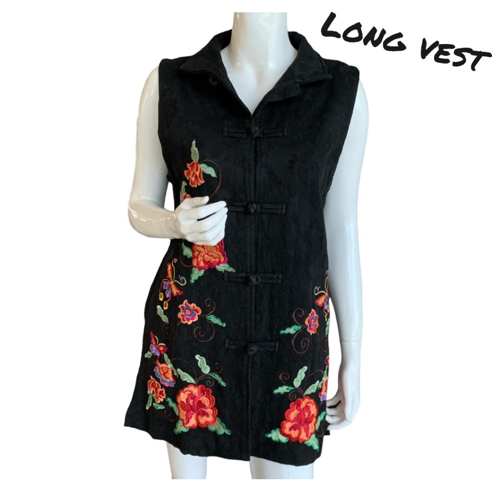 BEIJIASI BLACK COTTON EMBROIDERED LONG VEST. WOMEN’S SIZE LARGE
